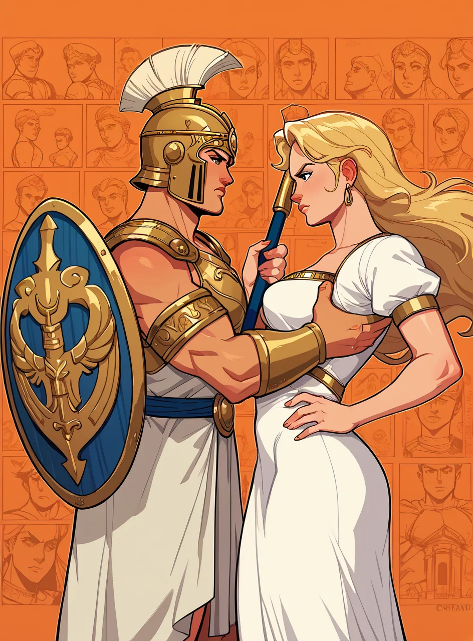 score_9, score_8_up, score_7_up, Athena, Corinthian helmet, gold accents, shield, spear, 1girl, bullypxl, comic wallpaper, <lora:bullypxl:0.8>, orange background, greek goddess, 2d, outline, blonde hair, amazon, white armor, white dress