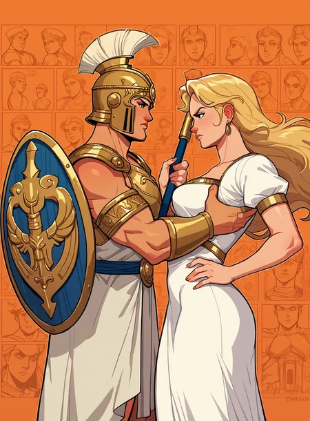 score_9, score_8_up, score_7_up, Athena, Corinthian helmet, gold accents, shield, spear, 1girl, bullypxl, comic wallpaper, <lora:bullypxl:0.8>, orange background, greek goddess, 2d, outline, blonde hair, amazon, white armor, white dress