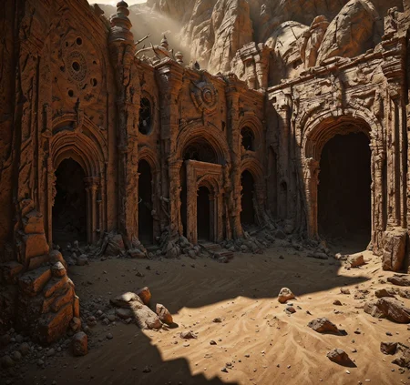 RAW photo, (masterpiece:1.3), subsurface scattering, heavy shadow, (high quality:1.4), (intricate, high detail:1.2), professional photography, HDR, High Dynamic Range, realistic, ultra realistic, photorealistic, high resolution, film photography, ambient lighting, atmospheric effects, <lora:detail_slider_v4:2>, OverallDetail, (DarkFantasy:0.2), a sinister entrance to an abandoned temple of an evil god in the desert, red sand, Stygia, <lora:Stygia-10:1>, epiCPhoto