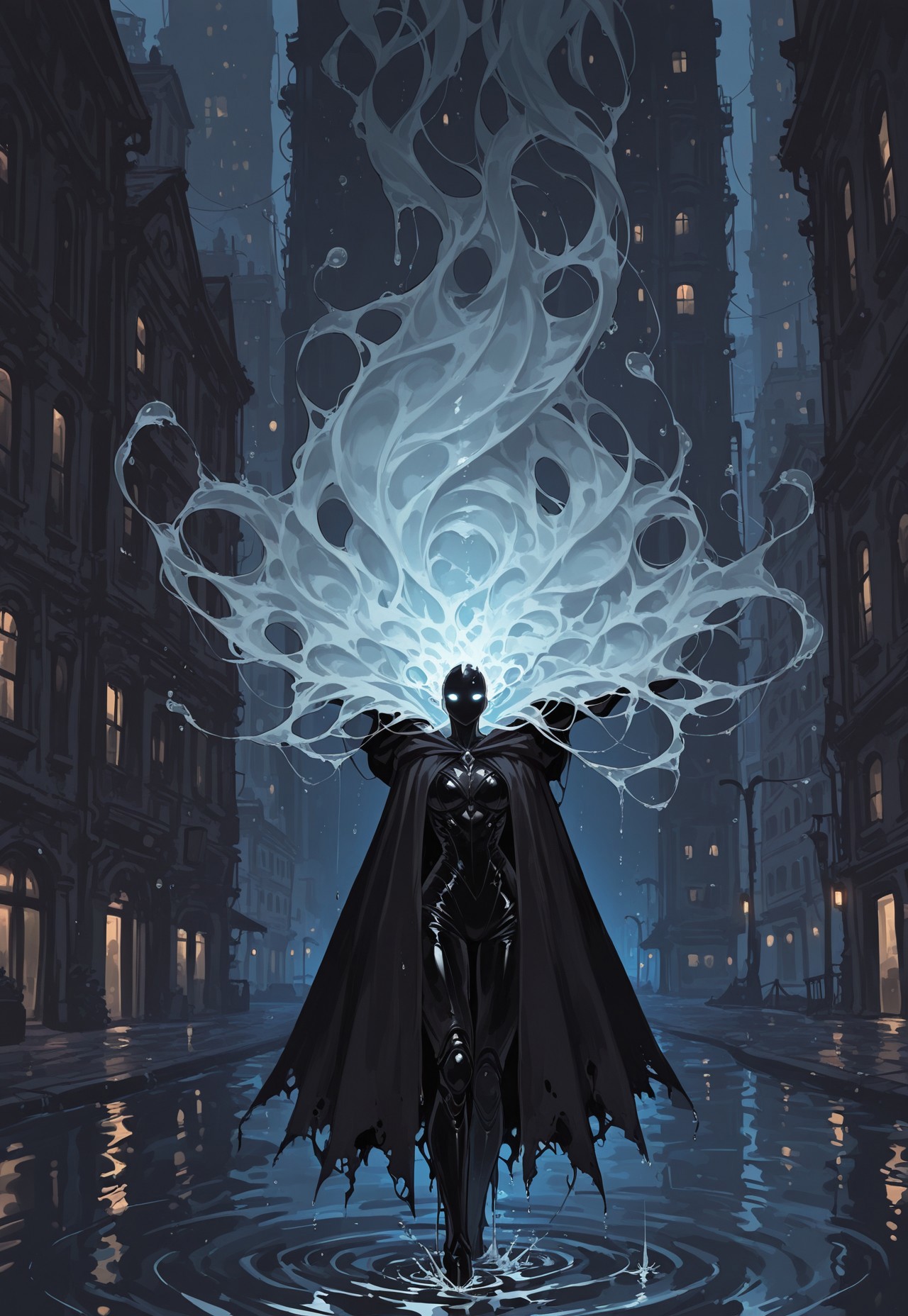 score_9, score_8_up, score_7_up, masterpiece, best quality, very aesthetic, 1girl, detailed face, (dynamic:1), water ethereal, water elemental, liquid, dripping, glowing eyes, in city, powerful, badass, cape, black body