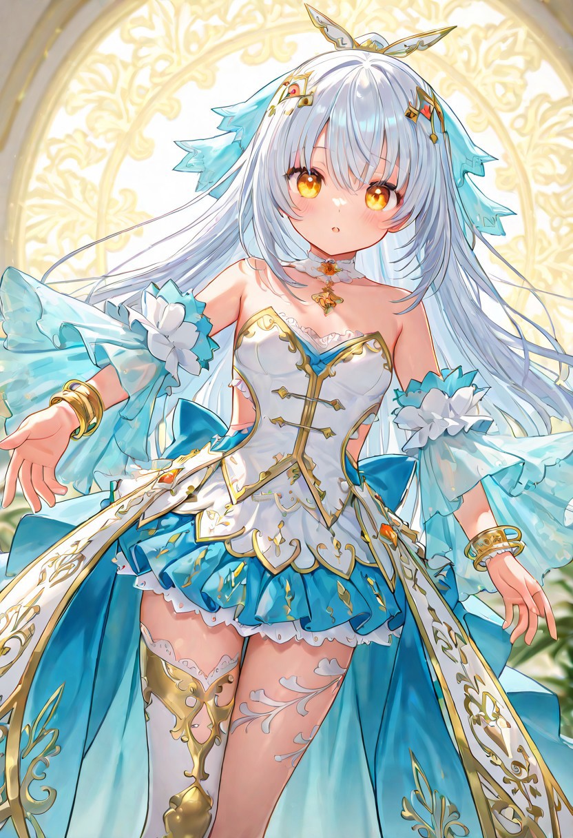 masterpiece, best quality, amazing quality, very aesthetic, high resolution, ultra-detailed, absurdres, newest, scenery,(depth of field:1.5),
(super fine illustration,professional quality,ultra high res), beautiful detailed eyes,
(high brightness),
break
cineraria(bloomed)_fkg,
white hair, long hair, half updo,
amber eyes,
hair ornament, hair ribbon,
gold trim,
cineraria_fkg_c,
idol clothes, detached sleeves, wide sleeves, frilled sleeves, see-through sleeves,
choker,choker jewelry, side slit, bracelet,
pleated skirt, mini skirt, layered skirt, lace-trimmed skirt, showgirl skirt, back bow,
asymmetrical legwear, bare toes,
gold trim scarf, two-sided scarf,
1girl, 
blush, 
small breasts,
(dutch angle:1.2), (cowboy shot:1.2),