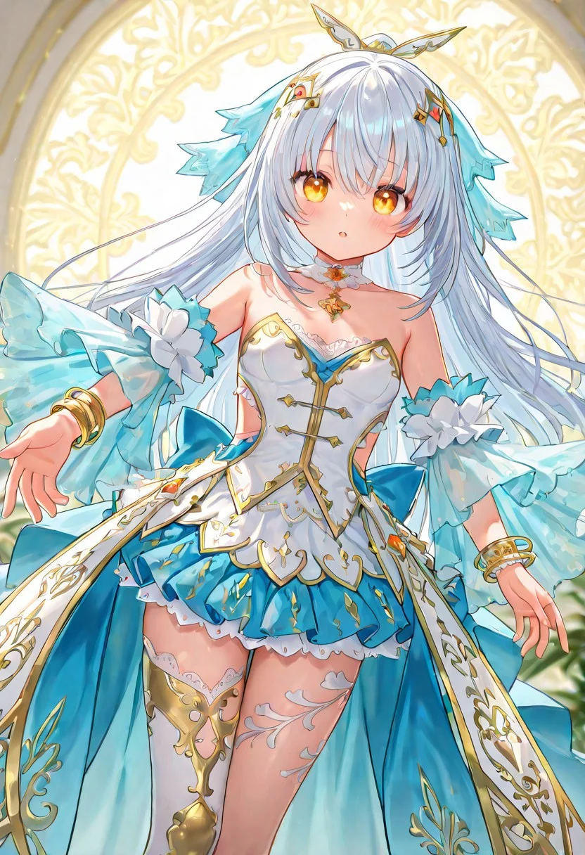 masterpiece, best quality, amazing quality, very aesthetic, high resolution, ultra-detailed, absurdres, newest, scenery,(depth of field:1.5),
(super fine illustration,professional quality,ultra high res), beautiful detailed eyes,
(high brightness),
break
cineraria(bloomed)_fkg,
white hair, long hair, half updo,
amber eyes,
hair ornament, hair ribbon,
gold trim,
cineraria_fkg_c,
idol clothes, detached sleeves, wide sleeves, frilled sleeves, see-through sleeves,
choker,choker jewelry, side slit, bracelet,
pleated skirt, mini skirt, layered skirt, lace-trimmed skirt, showgirl skirt, back bow,
asymmetrical legwear, bare toes,
gold trim scarf, two-sided scarf,
1girl, 
blush, 
small breasts,
(dutch angle:1.2), (cowboy shot:1.2),