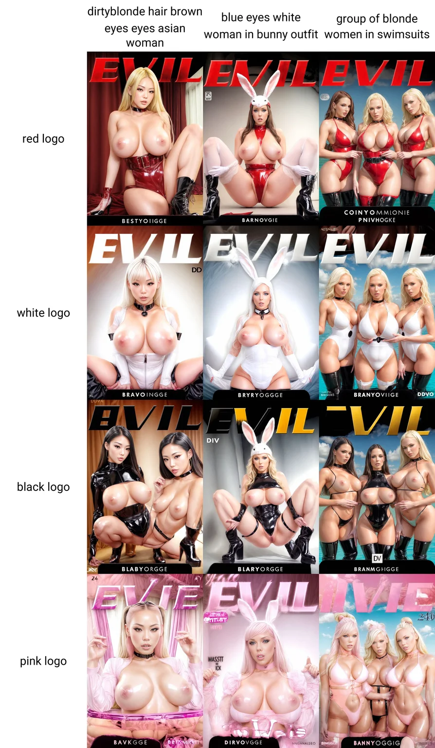 (red logo:1.4), dvd cover <lora:evil_dvd_cover:1> of dirtyblonde hair brown eyes eyes asian woman with highly detailed face, large fake breasts, visible pores, posing in black latex outfit and boots, daytime, masterpiece, best quality <lora:add_detail:1> <lora:Loraeyes_V1:0.2>