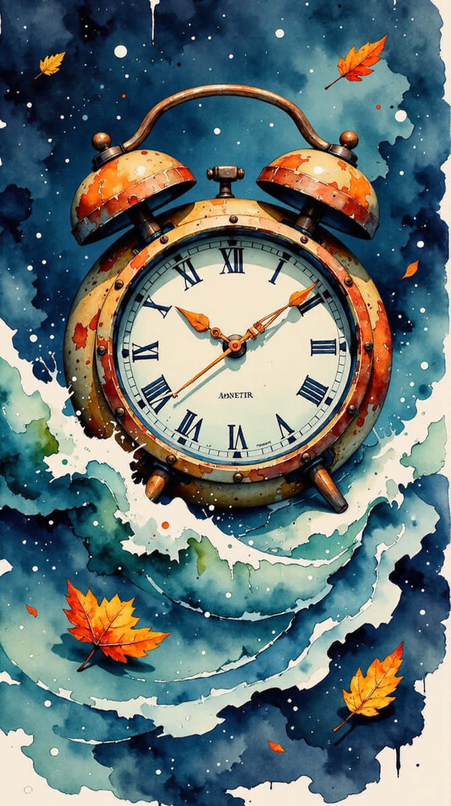Jedwtclr, watercolor art, A surreal, steampunk-inspired scene featuring an oversized vintage alarm clock partially submerged in a tumultuous ocean. The clockâs weathered bronze casing and Roman numerals give it an antique look, with delicate engravings and bolts that suggest intricate craftsmanship. The background is a dark, starry night sky sprinkled with distant stars, giving a cosmic feel to the setting. The clock face glows with a soft blue hue, its hands frozen in a mysterious time, as though caught in a moment between worlds. The waves crash powerfully around it, with frothy whitecaps that splash against the metal, sending droplets into the air. Vibrant orange and yellow autumn leaves drift gently around the clock, defying the stormy waves and adding a touch of warmth and contrast to the dark, oceanic colors. These leaves appear untouched by the water, as if floating in their own dimension. The overall atmosphere is a blend of time, nature, and the elements, evoking themes of time standing still amid chaos and the inevitable passage of moments. This blend of fantasy and realism gives the image a dreamlike quality, as though the viewer is peering into a world where time, nature, and the cosmos converge ,  <lora:FluxWatercolor:1>