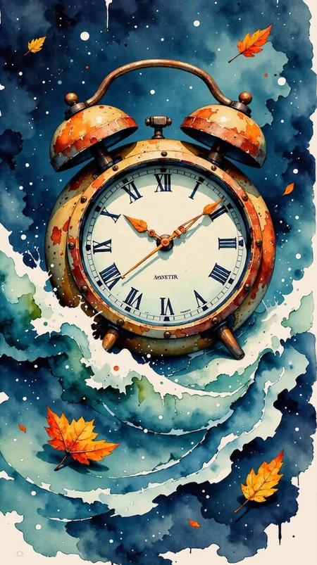 Jedwtclr, watercolor art, A surreal, steampunk-inspired scene featuring an oversized vintage alarm clock partially submerged in a tumultuous ocean. The clockâs weathered bronze casing and Roman numerals give it an antique look, with delicate engravings and bolts that suggest intricate craftsmanship. The background is a dark, starry night sky sprinkled with distant stars, giving a cosmic feel to the setting. The clock face glows with a soft blue hue, its hands frozen in a mysterious time, as though caught in a moment between worlds. The waves crash powerfully around it, with frothy whitecaps that splash against the metal, sending droplets into the air. Vibrant orange and yellow autumn leaves drift gently around the clock, defying the stormy waves and adding a touch of warmth and contrast to the dark, oceanic colors. These leaves appear untouched by the water, as if floating in their own dimension. The overall atmosphere is a blend of time, nature, and the elements, evoking themes of time standing still amid chaos and the inevitable passage of moments. This blend of fantasy and realism gives the image a dreamlike quality, as though the viewer is peering into a world where time, nature, and the cosmos converge , <lora:FluxWatercolor:1>
