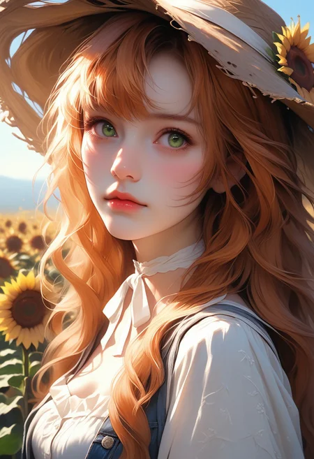 ASCII, photorealistic, OLED, score_9, score_8_up, score_7_up, score_6_up, 1girl, green eyes, copper hair, bangs, strands of hair falling over the face, long hair, straw hat with sunflower, ((close up, standing)), medium breasts, simple grey background <lora:SnowFoxeij-000006:0.4>, white ribbon choker, looking to viewer, cute face, blue dungarees, jeans dungaree