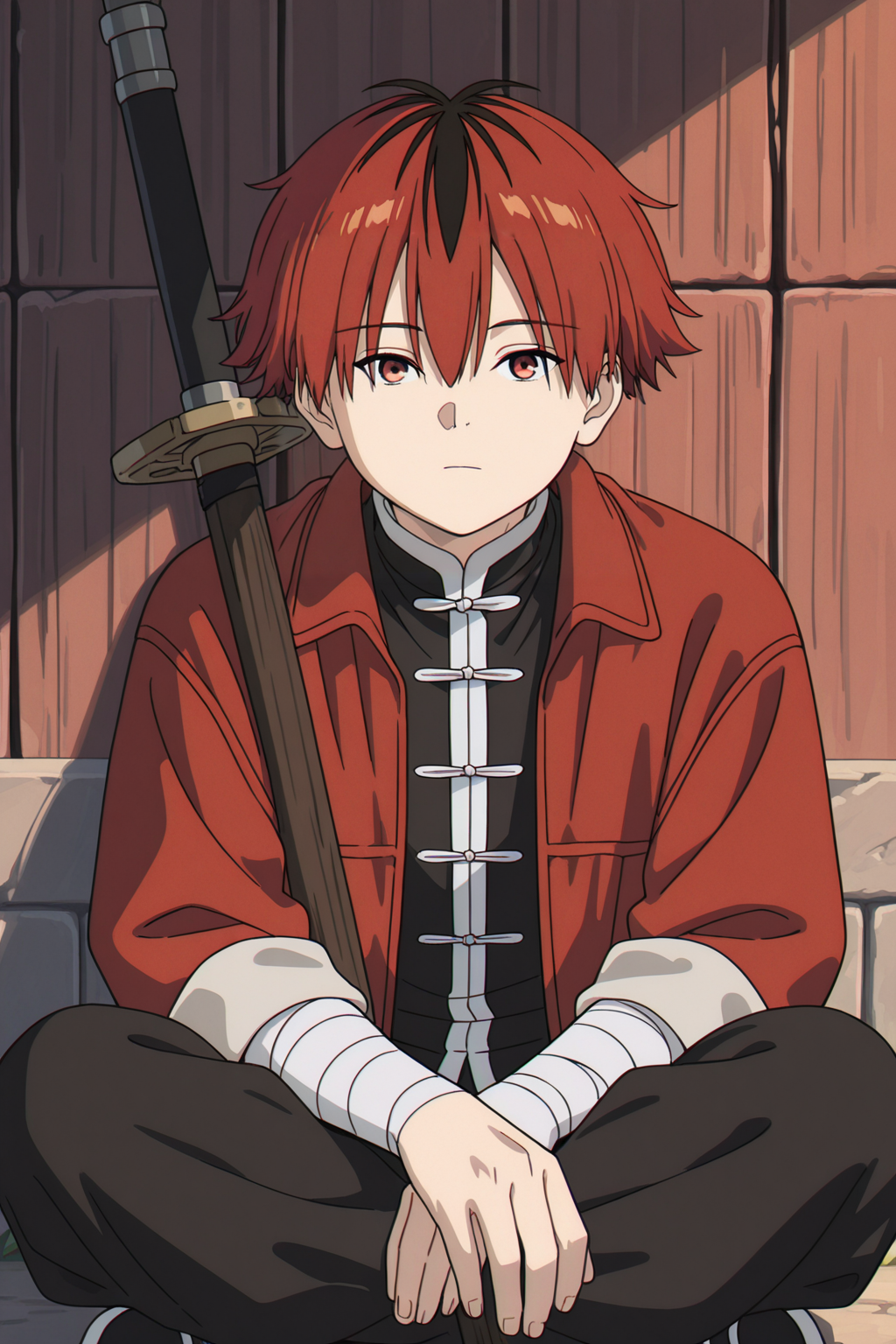 <lora:FrierenStyle:1>, FrierenStyle, 1boy, male focus, solo, red hair, multicolored hair, black hair, looking at viewer, bandages, two-tone hair, sitting, short hair, weapon, chinese clothes, bandaged arm, jacket, red jacket, closed mouth, arm wrap, outdoors, red eyes, shirt, toggles, pants, black shirt, black pants, streaked hair, hair between eyes, long sleeves