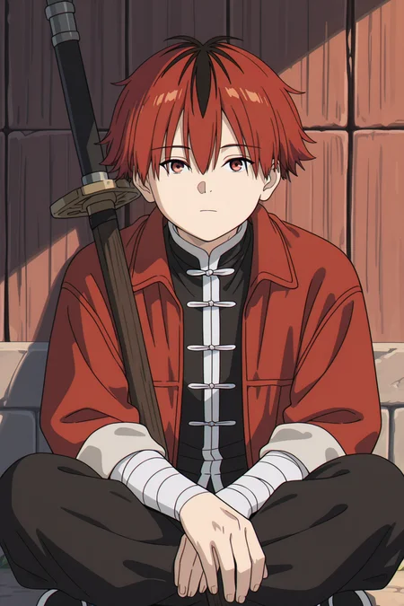 <lora:FrierenStyle:1>, FrierenStyle, 1boy, male focus, solo, red hair, multicolored hair, black hair, looking at viewer, bandages, two-tone hair, sitting, short hair, weapon, chinese clothes, bandaged arm, jacket, red jacket, closed mouth, arm wrap, outdoors, red eyes, shirt, toggles, pants, black shirt, black pants, streaked hair, hair between eyes, long sleeves
