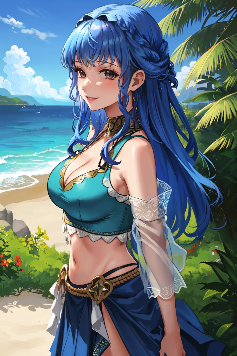 masterpiece, beach, 1girl, side view, long hair, solo, looking at viewer, smile, <lora:MarianneFE3H-FEH:0.85> sumMarianne, blue bikini, cleavage, skirt, midriff, bare shoulders, off shoulder, braid, light blue hair