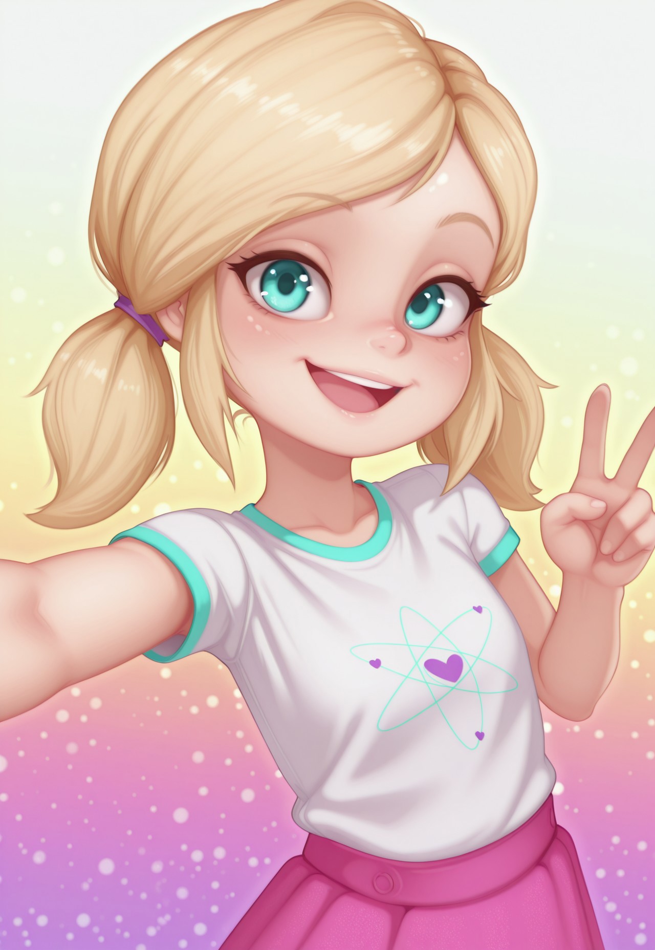 fc7ilf, chelsea_illus_casual, twintails, aqua eyes, blonde hair, white shirt, short sleeves, pink skirt, leggings, 1girl, solo, abstract background, looking at viewer, upper body, smile, v, dynamic pose, open mouth, dynamic angle, colorful background, detailed, masterpiece, absurdres, highres, newest,