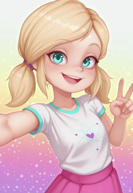 fc7ilf, chelsea_illus_casual, twintails, aqua eyes, blonde hair, white shirt, short sleeves, pink skirt, leggings, 1girl, solo, abstract background, looking at viewer, upper body, smile, v, dynamic pose, open mouth, dynamic angle, colorful background, detailed, masterpiece, absurdres, highres, newest,