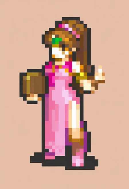 masterpiece, best quality, solo, 1girl, <lora:FEGBA-Sprites-illus_Fp:1>, simple background, pixel art, full body, <lora:Linde-illus_Fp:1>, lindefe1, brown hair, brown eyes, ponytail, circlet, pink dress, armlet, side slit, holding book, very long hair,