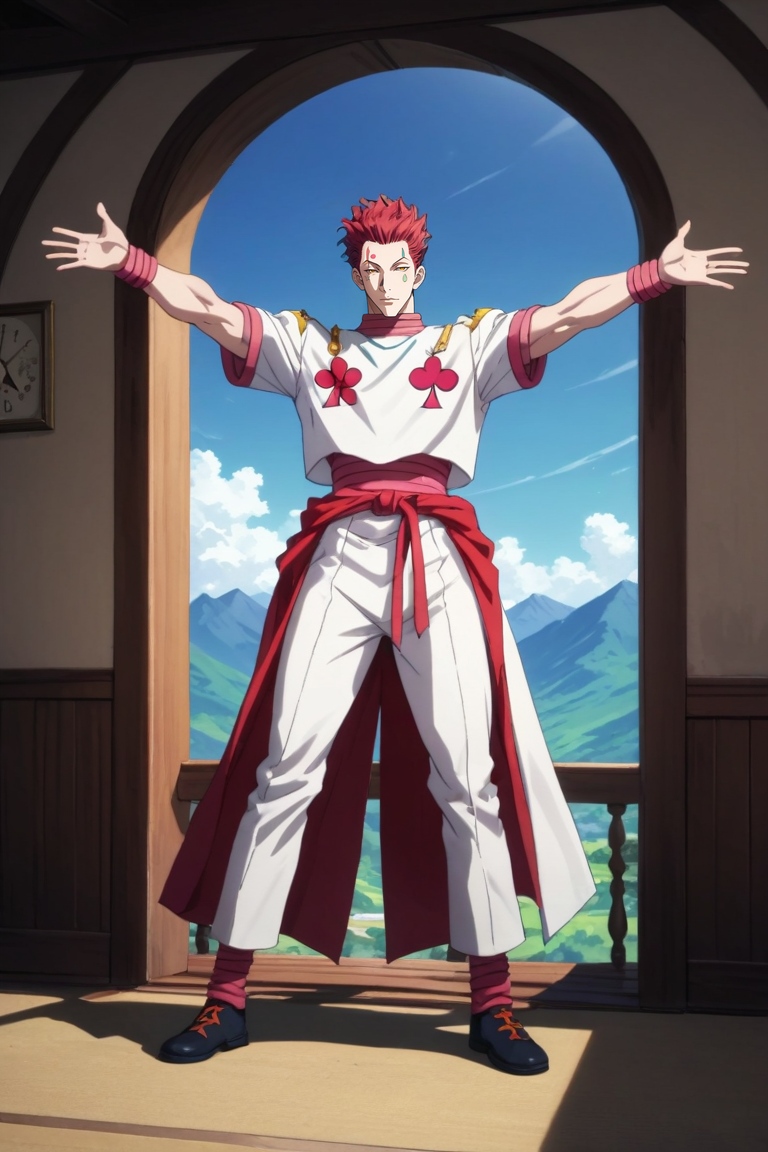 score_9, score_8_up, score_7_up, source_anime, rating_safe, , (realistic:0.6), looking at viewer, , 1boy, solo, male focus, <lora:hisoka_morow_pony:0.82>, hisoka_morow, red hair, yellow eyes, facial mark, star (symbol), straight-on, full body, mountain, indoors, dark, spread arms, :\3, , <lora:sdxl_lightning_8step_lora:1>
