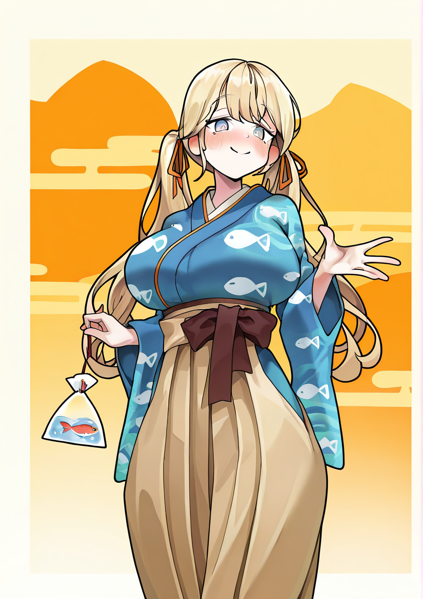 <lora:KOGOOMA:1>,1girl, watson amelia, watson amelia (new year), detailed background, huge breasts, wide hips, animal print, bag, bagged fish, blonde hair, blue eyes, blue kimono, blush, breasts, closed mouth, cowboy shot, fish, fish print, hair ribbon, hakama, hakama skirt, holding, holding bag, japanese clothes, kimono, long hair, long sleeves, looking at viewer, official alternate hair length, official alternate hairstyle, orange ribbon, print kimono, ribbon, skirt, smile, solo, standing, twintails, yellow hakama, 
very awa, masterpiece, best quality, highres, absurdes,amazing quality,year 2024,newest