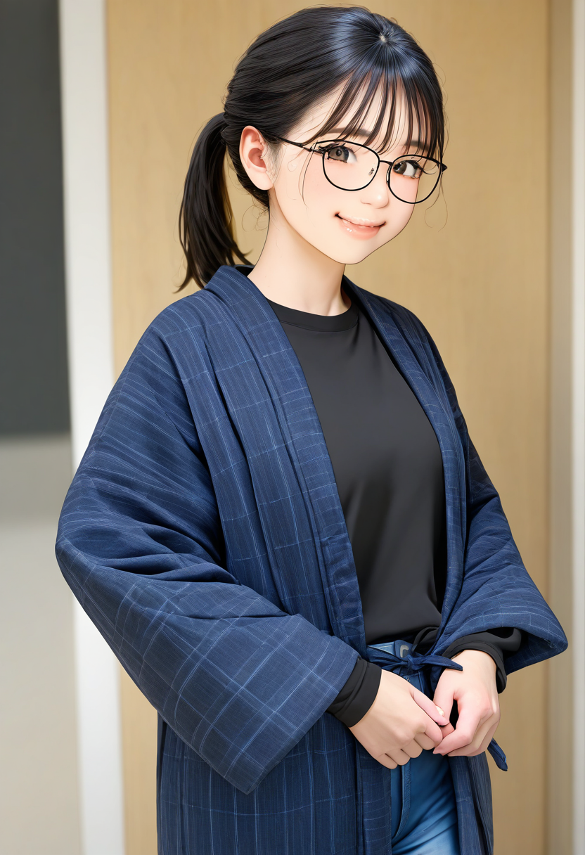 hanten, 1girl, solo, glasses, black hair, ponytail, black shirt, jeans, denim, standing, long sleeves, blue pants
, happy, smile, looking at viewer, upper body,
masterpiece, best quality, amazing quality, very aesthetic, absurdres,
 <lora:Clothing_hanten_illustrious_V1L_DIM4:0.8>
