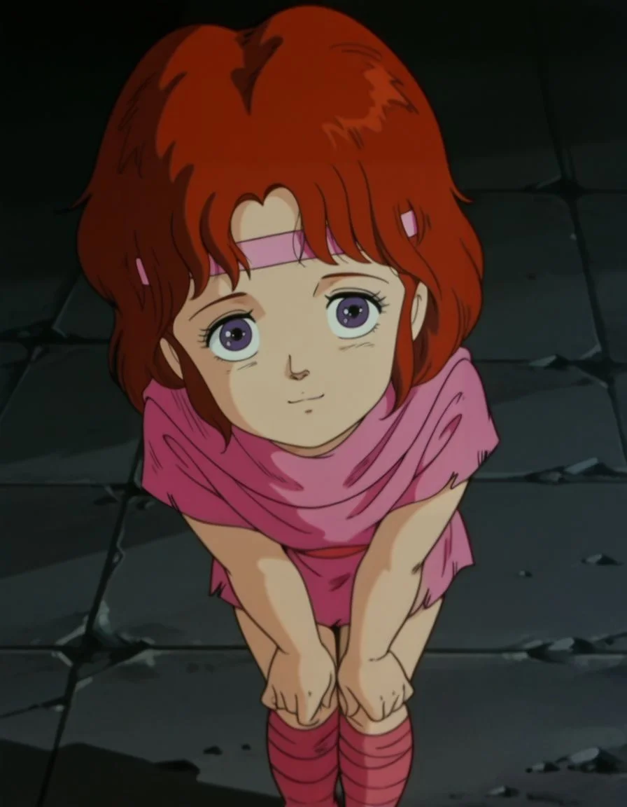 masterpiece, best quality, upper body, shy, light smile, standing, face close-up, solo,
<lora:Lin:1>, L1n, red hair, headband, purple eyes, female child, retro artstyle, torn clothes, shirt, knee boots, retro artstyle, anime coloring,