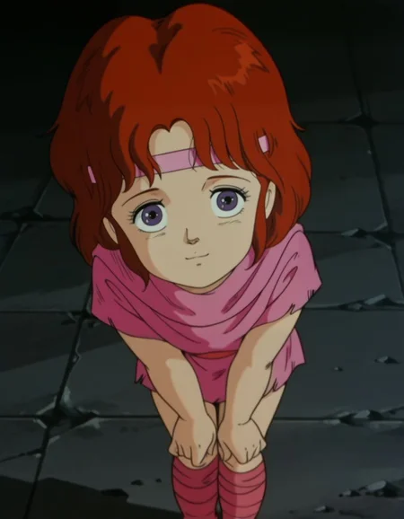 masterpiece, best quality, upper body, shy, light smile, standing, face close-up, solo,
<lora:Lin:1>, L1n, red hair, headband, purple eyes, female child, retro artstyle, torn clothes, shirt, knee boots, retro artstyle, anime coloring,