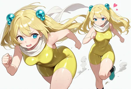 simple background,  love heart, running, sweating,
masterpiece, masterpiece, best quality, high quality, detailed, absurdres
poison gas giantess, yellow bodysuit, blond hair, white scarf, blue hair baubles, solo, 1girl, long hair, hair ornament,, blue eyes, black socks, blue shoes,