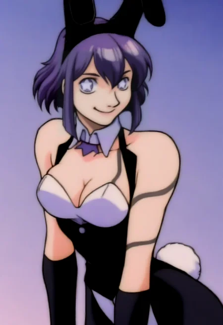 masterpiece, best quality, solo, 1girl, smile, looking at viewer, <lora:Darkstalkers-Ova-illus_Fp:1>, 1990s \(style\), retro artstyle, <lora:Tico-illus_Fp:1>, ticodesu2, purple hair, purple eyes, star-shaped pupils, short hair, playboy bunny, rabbit ears, rabbit tail, black pantyhose, tattoo, detached collar, cleavage, sleeveless, black gloves,