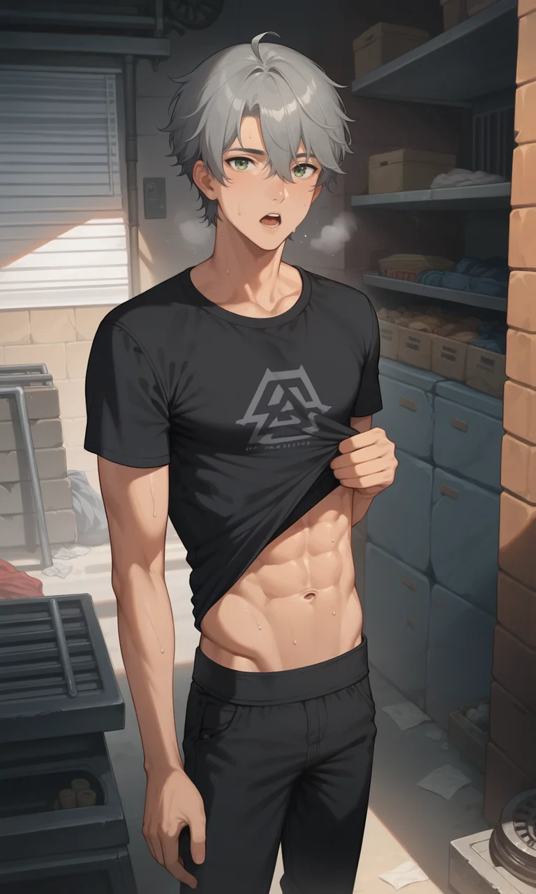 score_9, score_8_up, score_7_up, masterpiece, best quality, lots of details, close-up, angle view, ((1boy)), Wise, black t-shirt, slim, sweatdrop, ahoge, gray-green eyes, wipes the sweat off his forehead, dark pants, grey hair, shirt rolled up, solo, open mouth, heavy breathing, male focus, abs, navel, standing, looking at viewer, shaded, detailed shading, detailed skin, shaded skin, realistic shading, Expressiveh, countershading:1.1, garage, concrete wall, tool racks, indoors, <lora:add-detail-xl:0.7>, <lora:Smooth Anime 2 Style SDXL_LoRA_Pony Diffusion V6 XL:0.8>, <lora:Expressive_H:0.7>, <lora:Wise_XL_V10_OPT:0.9>