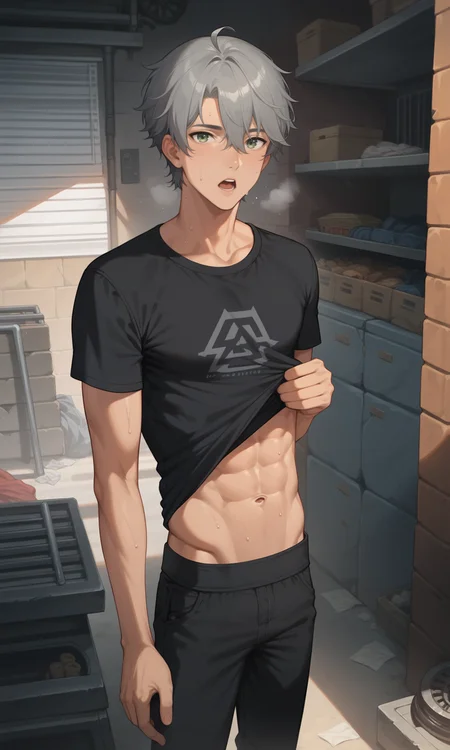 score_9, score_8_up, score_7_up, masterpiece, best quality, lots of details, close-up, angle view, ((1boy)), Wise, black t-shirt, slim, sweatdrop, ahoge, gray-green eyes, wipes the sweat off his forehead, dark pants, grey hair, shirt rolled up, solo, open mouth, heavy breathing, male focus, abs, navel, standing, looking at viewer, shaded, detailed shading, detailed skin, shaded skin, realistic shading, Expressiveh, countershading:1.1, garage, concrete wall, tool racks, indoors, <lora:add-detail-xl:0.7>, <lora:Smooth Anime 2 Style SDXL_LoRA_Pony Diffusion V6 XL:0.8>, <lora:Expressive_H:0.7>, <lora:Wise_XL_V10_OPT:0.9>
