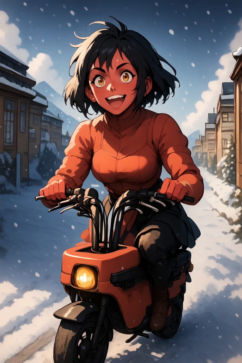 red skin, black hair, yellow eyes, happy, cheerful.  <lora:RD-MAnon-XLV1.1:1>, inf front of a café looking out over a artic snow field, ((motocompo)), solo, standing, behind  <lora:motocompo_detailed:1.5> ground vehicle, riding motocompo, , source_anime, score_9_up, score_7_up, score_8_up
