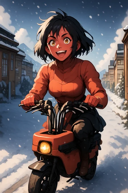 red skin, black hair, yellow eyes, happy, cheerful. <lora:RD-MAnon-XLV1.1:1>, inf front of a café looking out over a artic snow field, ((motocompo)), solo, standing, behind <lora:motocompo_detailed:1.5> ground vehicle, riding motocompo, , source_anime, score_9_up, score_7_up, score_8_up