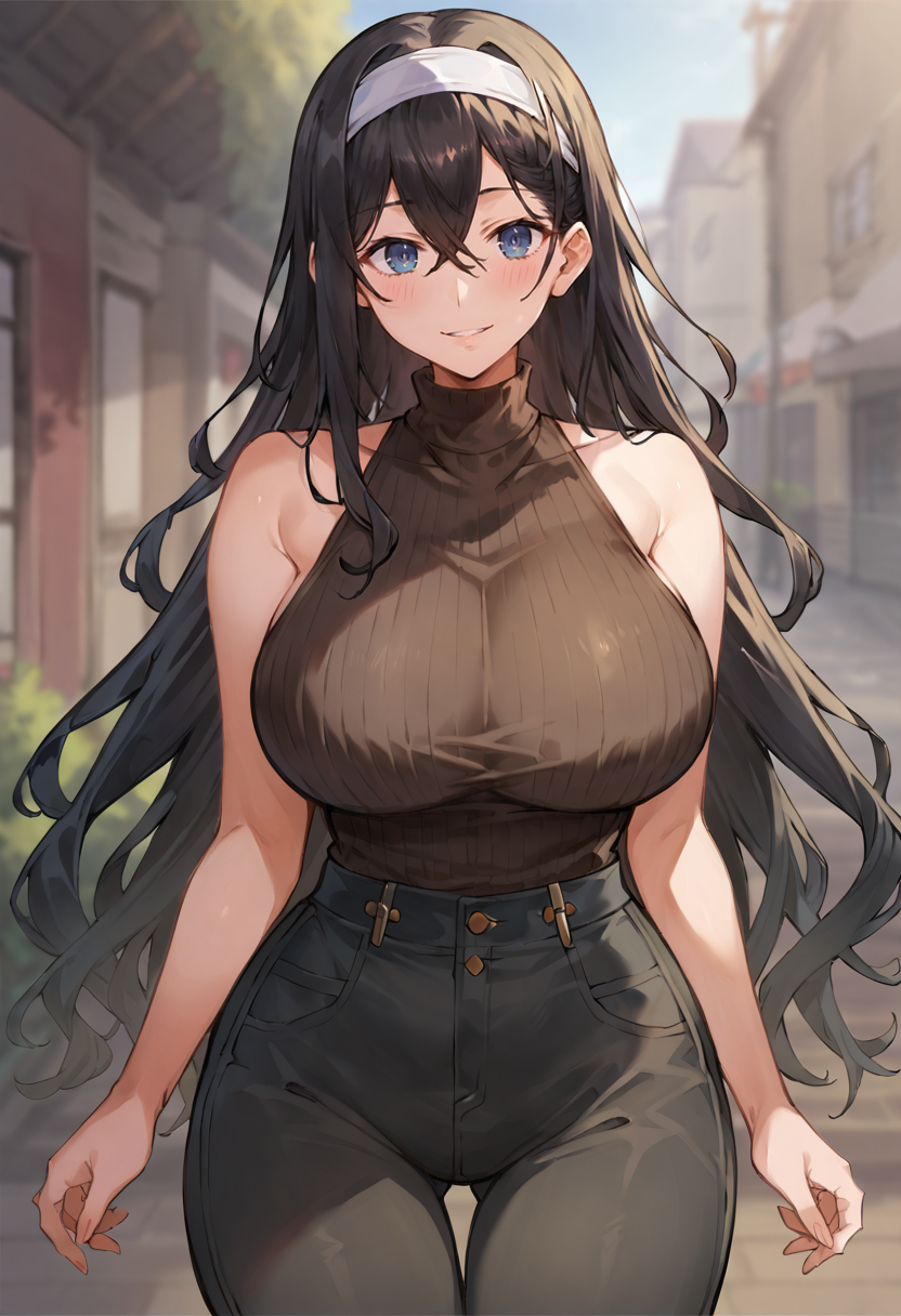 score_9, score_7_up,  1girl, 
huge breasts, wide hips, thick thighs, turtleneck sweater, white hairband, black pants, blush, pants, thigh gap, turtleneck, breasts, black sweater, very long hair, black hair, hairband, sweater, sleeveless, blue eyes, looking at viewer, sleeveless sweater, thighs, hair between eyes, parted lips, wavy hair, long hair, sleeveless turtleneck, smile, bare arms, bare shoulders, solo, high-waist pants, cowboy shot
 <lora:toridamono-Style-PonyXL-GLoRA-000048:1>