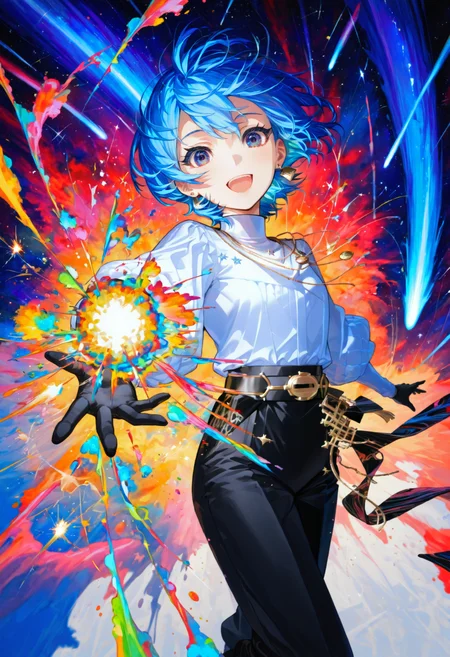 <lora:Style_Mika_Pikazo:1>, colorful, comet, paint splatter, multicolored background, 
energy ball, open mouth, smile, reaching torwards viewer, looking at viewer, floating hair, midair, sparks,
 <lora:ChamHoshimachiSuiseiNoob:1>, Su1se1Spectra, blue eyes, blue hair, short hair, earrings, white shirt, high collar, shirt tucked in, necklace, long sleeves, puffy sleeves, black gloves, black belt, black pants, masterpiece, best quality