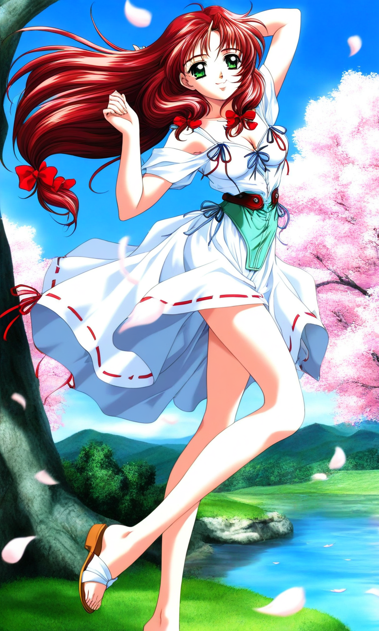 general,highres, ultra-detailed,very aesthetic,best quality ,best hands, BREAK <lora:Mew_words_worth_IS:1>anime coloring, anime_screencap, 
Mew(words_worth), 1girl, solo, green eyes, red hair, long hair, ribbon, hair ribbon, breasts,
water, barefoot, outdoors, white dress, day, sandals, wind, feet, tree, cleavage, hair ornament, smile, petals, legs, looking at viewer, bow, sky, bare shoulders, 1990s (style), hair bow, retro artstyle, ribbon trim