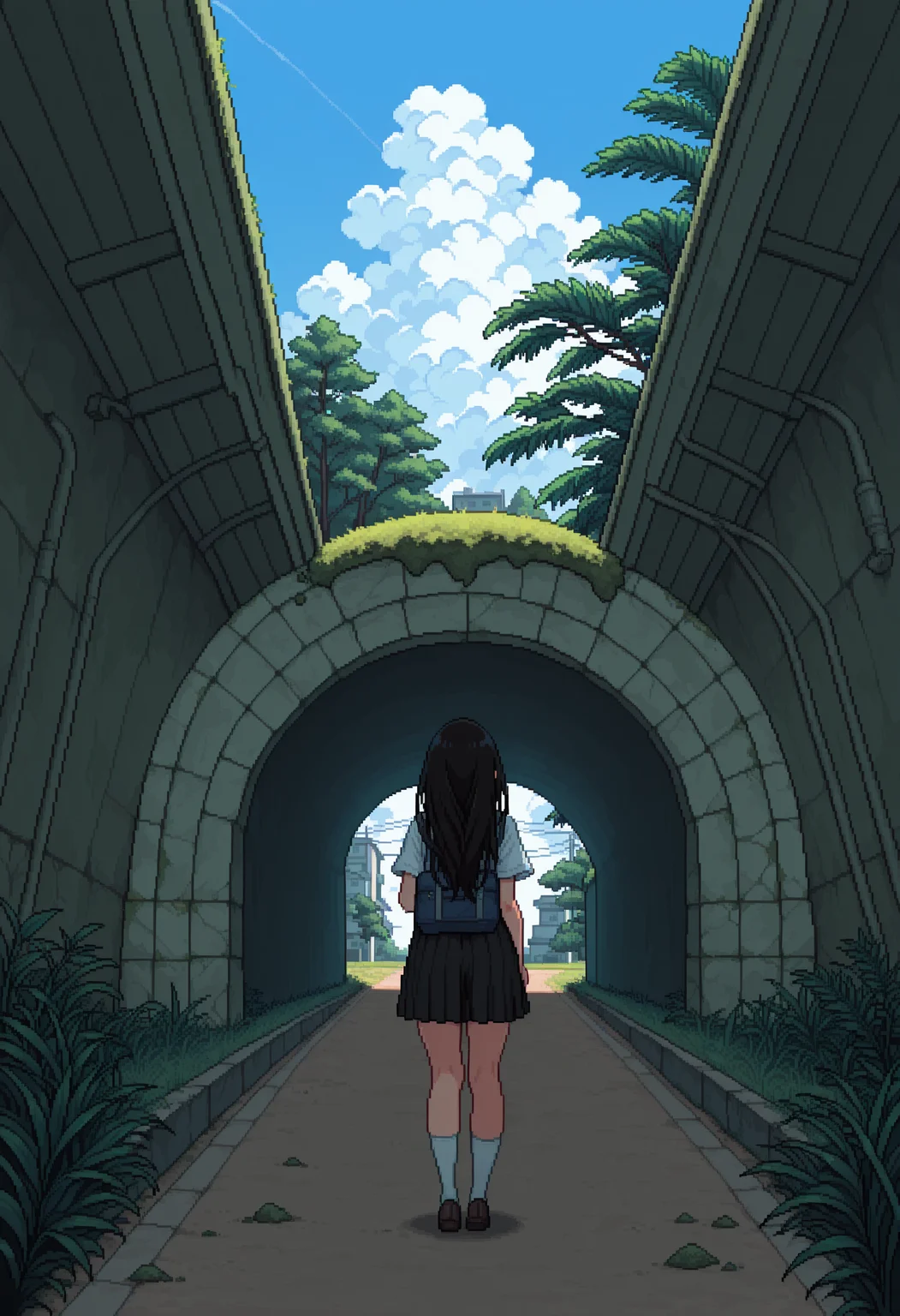 <lora:pixelart:1>,pixel art,masterpiece, absurdres,amazing quality, best quality, detailed background, 8k, 1girl, chitanda eru ,blue sky,building,cloud,cloudy sky,cumulonimbus cloud,day,facing away,fern,from behind,grass,long hair,moss,scenery,school bag,shirt,shoes,short sleeves,skirt,sky,socks,solo,sunlight,tree,tunnel,wide shot