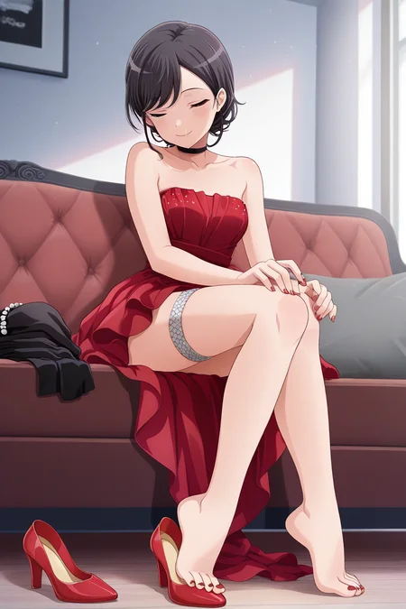 masterpiece, best quality, amazing quality,
<lora:Koharu_IL:1> koharu, 1girl, dress, solo, red dress, black hair, high heels, closed eyes, sitting, shoes removed, shoes, nail polish, barefoot, smile, strapless, strapless dress, toenail polish, red footwear, collarbone, choker, couch, indoors, toenails, red nails, feet, thigh strap