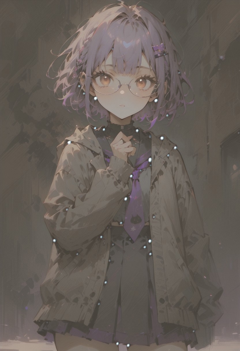 ((((((masterpiece)))))), ((((((best quality)))))), ((((((very aesthetic)))))), ((((((absurdres)))))),1girl, solo, female, yuzukiyukara_shizuku, purple hair, bangs, short hair, hair ornament, hairclip, purple nails,  Under-rim glasses, silver-colored glasses, hooded cardigan, open cardigan, hoods down, rabit print, school uniform, purple necktie, serafuku, long sleeves,  zettai ryouiki, black sneakers, modern college girl, forehead,  slight bedhead, pale skin, warm brown eyes, thin eyebrows,  cute, college, dramatic lighting, pretty girl, (young), very kawaii, kawaii, eyeliner, floating, clear detailed face, simple background , perfect girl, beautiful, Expressiveh,standing, detailed face, perfect lighting, pretty girl, very kawaii, kawaii, clear detailed face, perfect eyes, looking at viewer, slim waist, ((small eyes, slanted almond shaped eyes, expressive eyes)), perfect skin, foundation, soft looking skin, eyeliner, mascara, ((small face)),