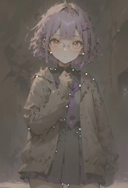 ((((((masterpiece)))))), ((((((best quality)))))), ((((((very aesthetic)))))), ((((((absurdres)))))),1girl, solo, female, yuzukiyukara_shizuku, purple hair, bangs, short hair, hair ornament, hairclip, purple nails, Under-rim glasses, silver-colored glasses, hooded cardigan, open cardigan, hoods down, rabit print, school uniform, purple necktie, serafuku, long sleeves, zettai ryouiki, black sneakers, modern college girl, forehead, slight bedhead, pale skin, warm brown eyes, thin eyebrows, cute, college, dramatic lighting, pretty girl, (young), very kawaii, kawaii, eyeliner, floating, clear detailed face, simple background , perfect girl, beautiful, Expressiveh,standing, detailed face, perfect lighting, pretty girl, very kawaii, kawaii, clear detailed face, perfect eyes, looking at viewer, slim waist, ((small eyes, slanted almond shaped eyes, expressive eyes)), perfect skin, foundation, soft looking skin, eyeliner, mascara, ((small face)),