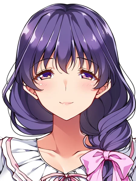 score_9, score_8_up, score_7_up,
1girl, takatsuki sawako, purple hair, low-tied long hair, pink ribbon, hair over shoulder, purple eyes, huge breasts, mature female,
face, close-up, smile, closed mouth, looking at viewer, white background, white t-shirt, frilled shirt,