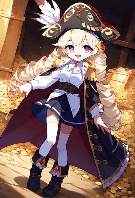 score_9,score_8_up,score_7_up,source_anime,zPDXL3,treasure,treasure chest,jewelry,
*//*,<lora:Captain_Pony:1>,captain_new,1girl,solo,long hair,twintails,twin drills,blonde hair,bangs,purple eyes,white shirt,pirate hat,hat feather,black skirt,boots,white thighhighs,black coat,epaulettes,long sleeves,smile,open mouth,
*//*,looking at viewer,cowboy shot,dutch angle,