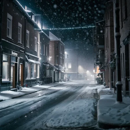 A realistic photo of a street with falling snow at night, snowing, no-humans, winter, wind, hvsnw, <lora:Heavy_Snow:1>. Highest quality, best resolution, epic cinematic lighting