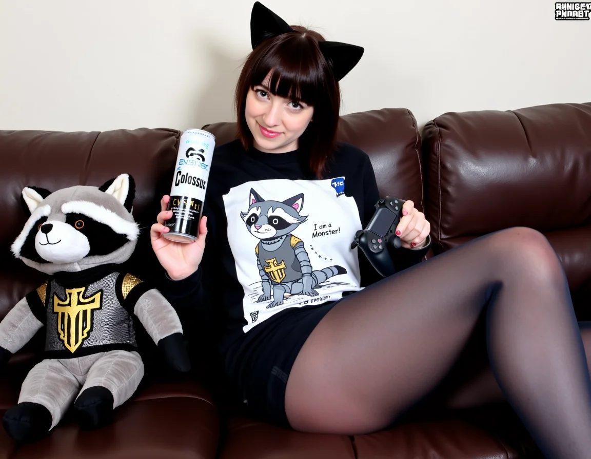 amateur photo of a 26 year woman with cat ears sitting on a sofa, gamer girl outfit and pantyhose, holding a "Colossus" energy drink and a ps5 controller, on her shirt is a cat cyborg comic with "Colossus" underneath it. the illustrated cat says "I am a Monster" . left to the woman is a raccoon plushie in knight outfit
