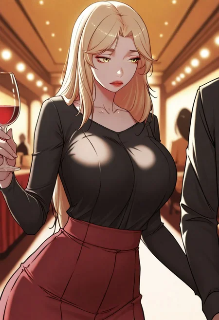 masterpiece, best quality, amazing quality, very aesthetic, absurdres,, Wide Shot, Vanishing Point,
sehwa, 1girl, blonde hair, long hair, large breasts, yellow eyes, parted bangs,
outfit1, black shirt, collarbone, long sleeves, red skirt, colorful, selfless, looking away, shadowy lighting, cinematic atmosphere, high contrast, blurry background, dinner, elegant occasion, holding a glass of wine