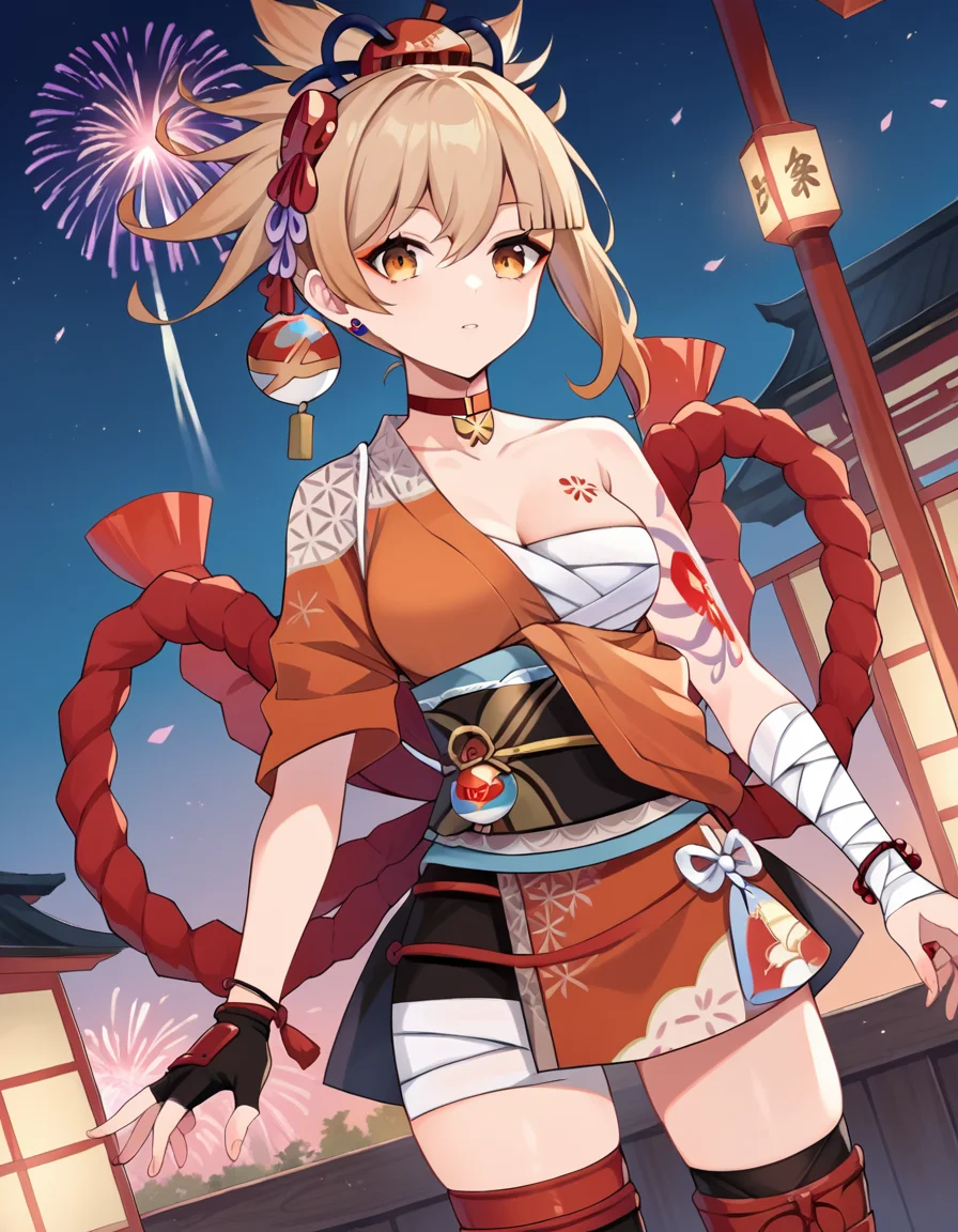 score_9, score_8_up, score_7_up, source_anime,
yoimiya, <lora:yoimiya-ponyxl-lora-nochekaiser:1>,
yoimiya, bangs, blonde hair, hair ornament, hair between eyes, ponytail, sidelocks, orange eyes, light brown hair,
thighhighs, gloves, jewelry, japanese clothes, choker, fingerless gloves, kimono, bracelet, sash, tattoo, bandages, obi, rope, asymmetrical legwear, pouch, sarashi, bandaged arm, red choker, arm tattoo, shimenawa, bandaged leg, chest tattoo, hadanugi dousa, orange kimono, single fingerless glove,
outdoors, shrine, fireworks, festival,
looking at viewer, dutch angle, cowboy shot,