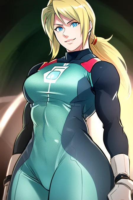 1girl, samus aran, highly detailed eyes, intricate details, ((realistic)), round pupils, solo, blue eyes, blonde hair, ponytail, short hair, (zero suit), ((cartoon)), looking at viewer, smug, soft lighting, muscular female, forest,