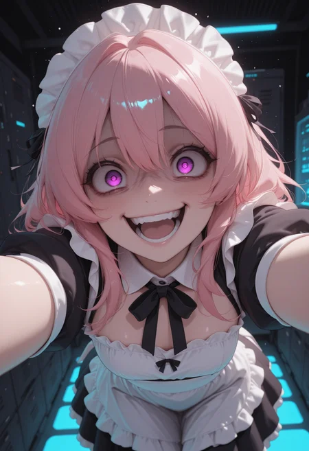 (masterwork, masterpiece, best quality, hyper-detailed, 8k uhd:1.4) 1girl,solo, CivChan, pink hair, purple eyes, maid uniform, <lora:CivChan_Illustrious:0.9> quality: masterpiece, extremely aesthetic, highly detailed, vibrant colors, vivid colors, saturated, crazy smile, (insane eyes, crazy,:1.4) peering at the user, dark background, blue hue, (server room, mainframe), hands reaching out