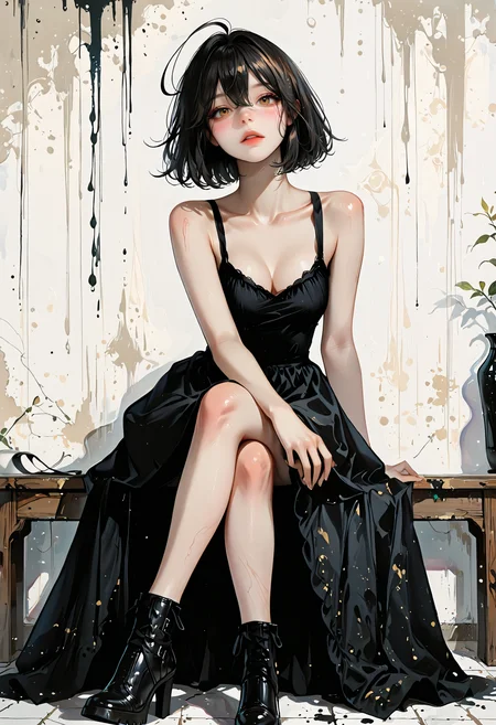 masterpiece, best quality, amazing quality, 1girl, solo, breasts, looking at viewer, short hair, black hair, dress, hair between eyes, cleavage, bare shoulders, sitting, medium breasts, brown eyes, collarbone, full body, ahoge, parted lips, boots, sleeveless, black footwear, black dress, high heels, bare arms, sleeveless dress, hair intakes, crossed legs, long dress, Karinami Inkblush mode,thick ink outlines,soft marker gradients,era 2020s indie illustration,Inkblush style, grunge_anime_aesthetic
<lora:DetailedEyes_V3:1> <lora:USNR_STYLE_ILL_V1_lokr3:0.45> usnr <lora:ponyv6_noobV1_2_adamW:0.9> <lora:GENESIS_MK0.2:0.5> <lora:KoreanStyleSDXLvpred10:1> AiKoreanStyle, lips, korean, asian <lora:KRGRL-IL:1>