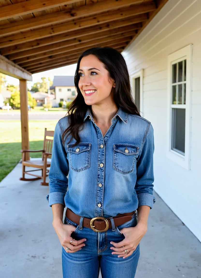 SFW, brightly lit, The image is a portrait of a woman standing on a porch with a wooden pergola. She is wearing a denim shirt with a button-down collar and blue jeans. She has a brown belt around her waist and her hands are in her pockets. The woman has e hair styled in loose waves and is looking off to the side with a slight smile on her face. In the background, there is a wooden rocking chair and a white wall with a window. The sky is blue and the grass is green, suggesting that the photo was taken during the day., aidmaimageupgrader<lora:flux\custom\celebrity\vanessa-carlton.safetensors:1.05:1.05> <lora:flux\turbo-8-step-flux.safetensors:0.5:0.5> <lora:flux\style\Common\aidmaImageUprader-FLUX-v0.3.safetensors:0.25:0.25>