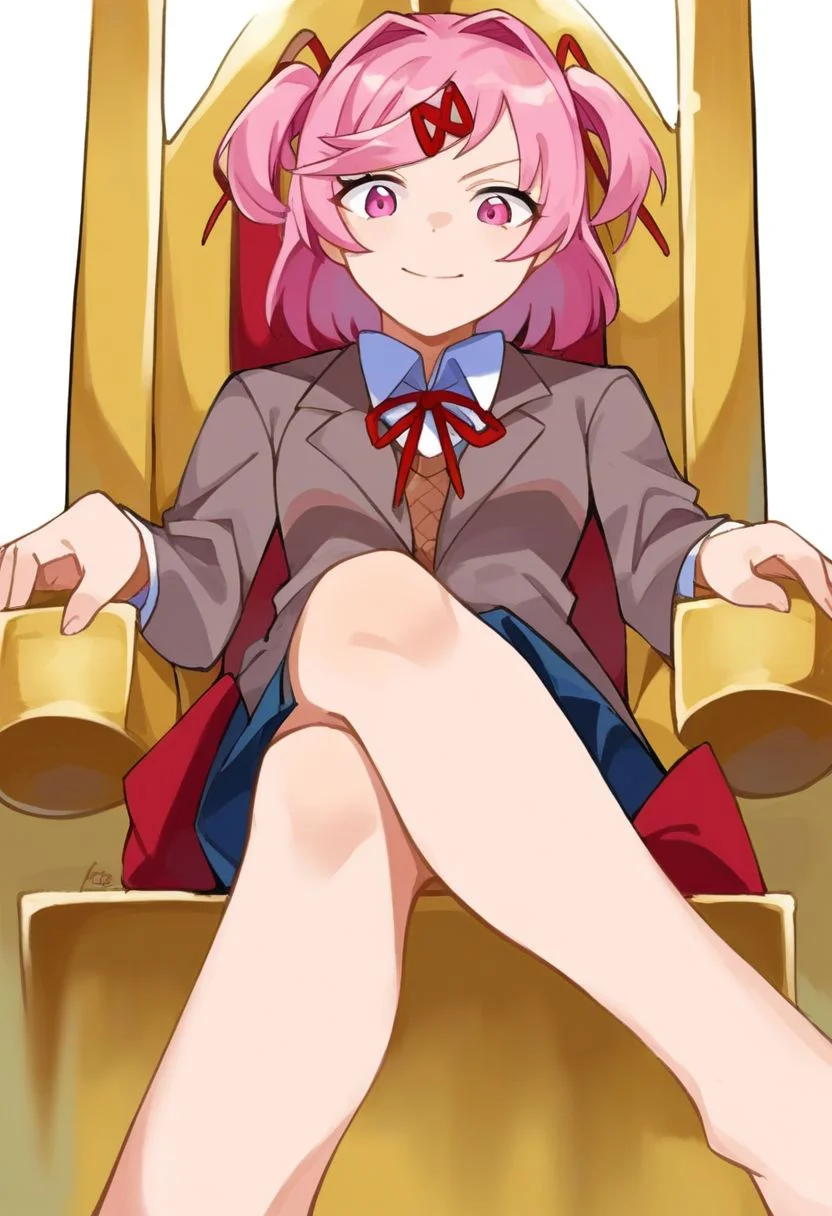 score_9, source_anime, simple background, 1girl, solo, cowboy shot, natsuki, pink hair, pink eyes, two side up, blazer, collared shirt, blue skirt, light smile, sitting on golden throne, legs crossed, low angle