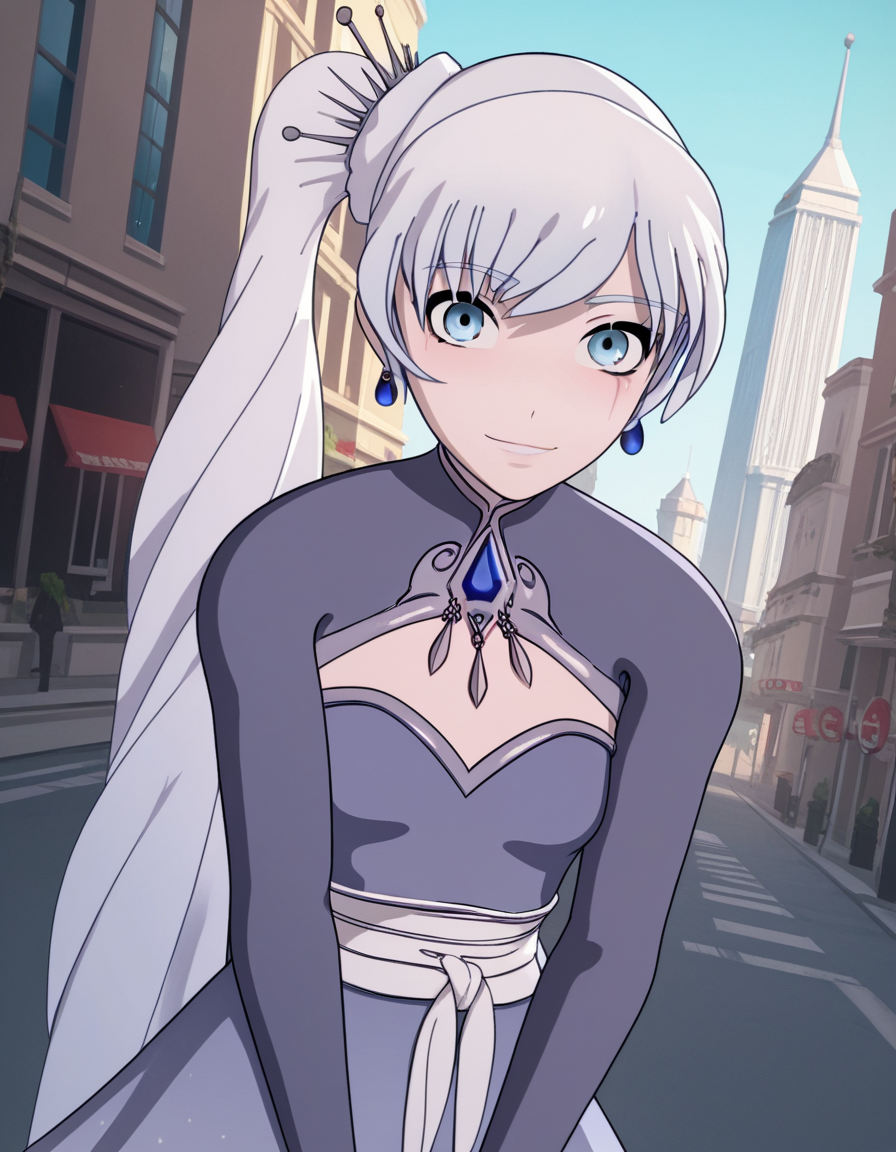 score_9, score_8_up, score_7_up, source_anime, <lora:weiss-schnee-ponyxl-lora-nochekaiser:1>, weiss schnee, long hair, blue eyes, hair ornament, ponytail, white hair, side ponytail, scar, tiara, scar on face, scar across eye,, dress, jewelry, earrings, blue dress,, cityscape, street, bent over, smile, looking at viewer, solo, cowboy shot, dutch angle