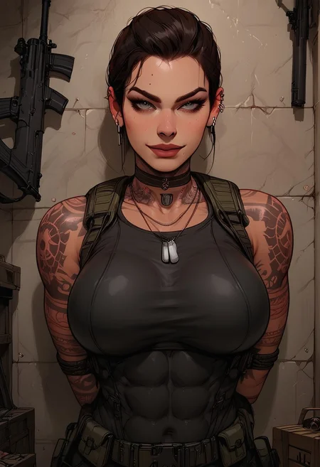 Score_9, Score8_up, Score_7_up, (((High Resolution, Best Quality))), 
1girl, solo, toned arms, Covered in Tattoos, neck tattoos, hair tied up, 
revealing bodysuit, tactical, military gear, large breasts, choker, dog tags, ear piece, call of duty, 
seducing, seductive, flirty, tender, loving, playful, looking at viewer, smug, 
Leaning against wall, holding gun, inspecting gun,  
inside, Military, military base, military barracks, cots, crates, military boxes, guns, bullets, supplies,
