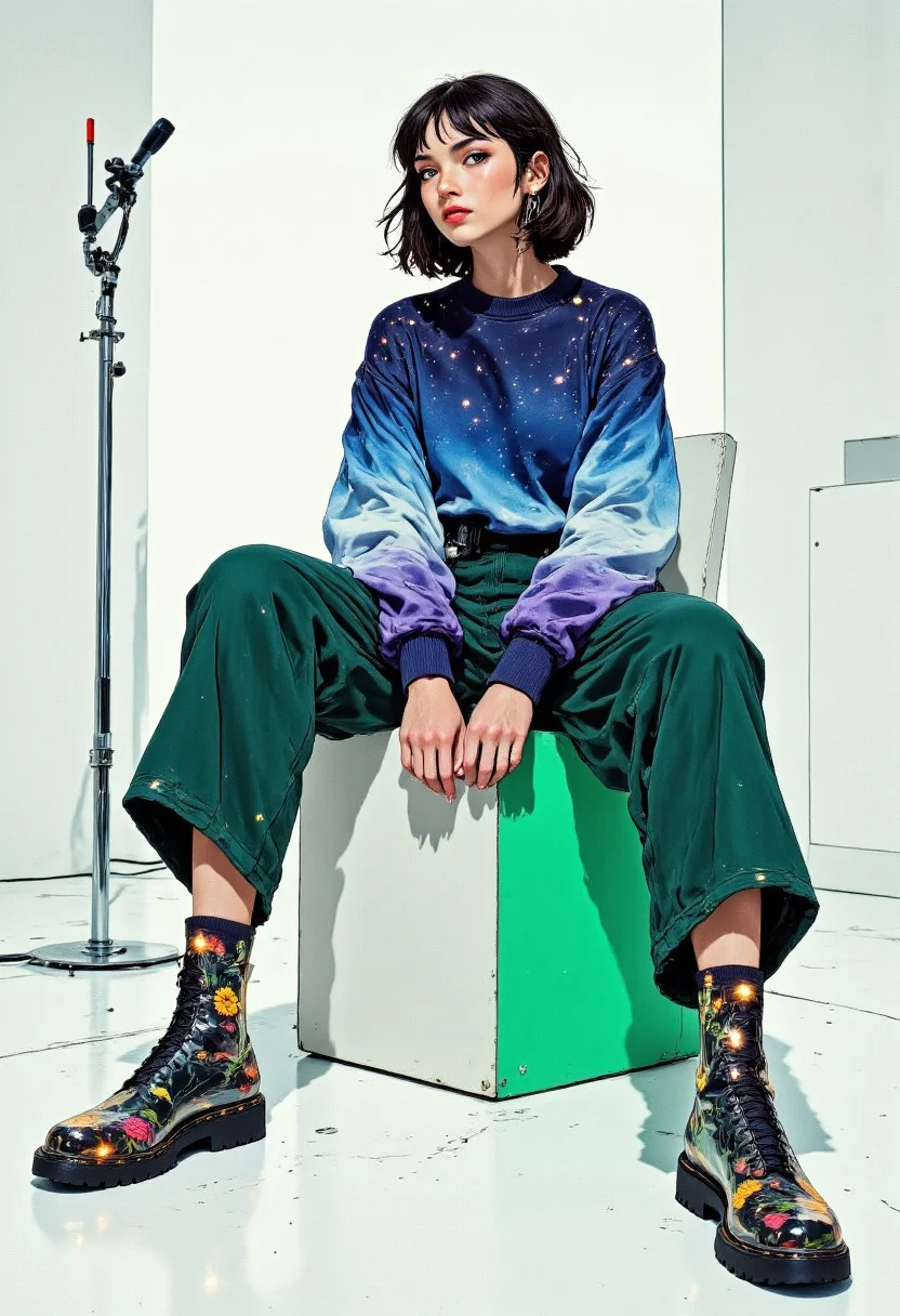 full-body portrait of a woman sitting on a geometric color-blocked chair in a minimalist white studio space. She wears an oversized sweater knitted from optical fiber threads that glow subtly from within, creating a constellation effect against the white backdrop. The sweater transitions through the color spectrum from cool blues at the shoulders to warm purples at the hem. She pairs this with wide-legged palazzo pants made from dichroic fabric that shifts dramatically between emerald green and deep purple depending on viewing angle and movement. The pants are cropped to reveal custom-made transparent vinyl boots with suspended botanical elements—pressed flowers, leaves, and small succulents—preserved between vinyl layers, creating the illusion that she's walking on a portable garden. Her socks are mismatched—one featuring an intricate circuit board pattern in metallic silver, the other embroidered with tiny LED lights that twinkle intermittently. Her hair is styled in a structured geometric bob with sections dyed to match the color transitions in her sweater, and she wears makeup featuring subtle iridescent highlights that catch the light as she moves. The composition captures her seated with perfect posture, legs crossed at the ankles to showcase her botanical boots. The lighting is clean and directional, designed to activate the glow of the optical fibers
