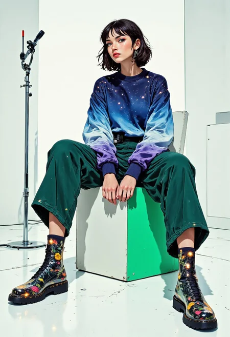 full-body portrait of a woman sitting on a geometric color-blocked chair in a minimalist white studio space. She wears an oversized sweater knitted from optical fiber threads that glow subtly from within, creating a constellation effect against the white backdrop. The sweater transitions through the color spectrum from cool blues at the shoulders to warm purples at the hem. She pairs this with wide-legged palazzo pants made from dichroic fabric that shifts dramatically between emerald green and deep purple depending on viewing angle and movement. The pants are cropped to reveal custom-made transparent vinyl boots with suspended botanical elements—pressed flowers, leaves, and small succulents—preserved between vinyl layers, creating the illusion that she's walking on a portable garden. Her socks are mismatched—one featuring an intricate circuit board pattern in metallic silver, the other embroidered with tiny LED lights that twinkle intermittently. Her hair is styled in a structured geometric bob with sections dyed to match the color transitions in her sweater, and she wears makeup featuring subtle iridescent highlights that catch the light as she moves. The composition captures her seated with perfect posture, legs crossed at the ankles to showcase her botanical boots. The lighting is clean and directional, designed to activate the glow of the optical fibers