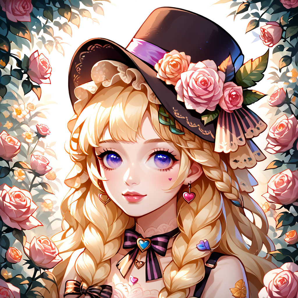 score_9, score_8_up, score_7_up, score_6_up, score_5_up, score_4_up, 
CuteStyle,scrambled, 1girl, flower, solo, hat, blonde hair, braid, rose, hair flower, heart, purple eyes, long hair, hair ornament, blue eyes, bow, portrait, ribbon, bangs,  
<lora:Cute_Style_pony:0.8>